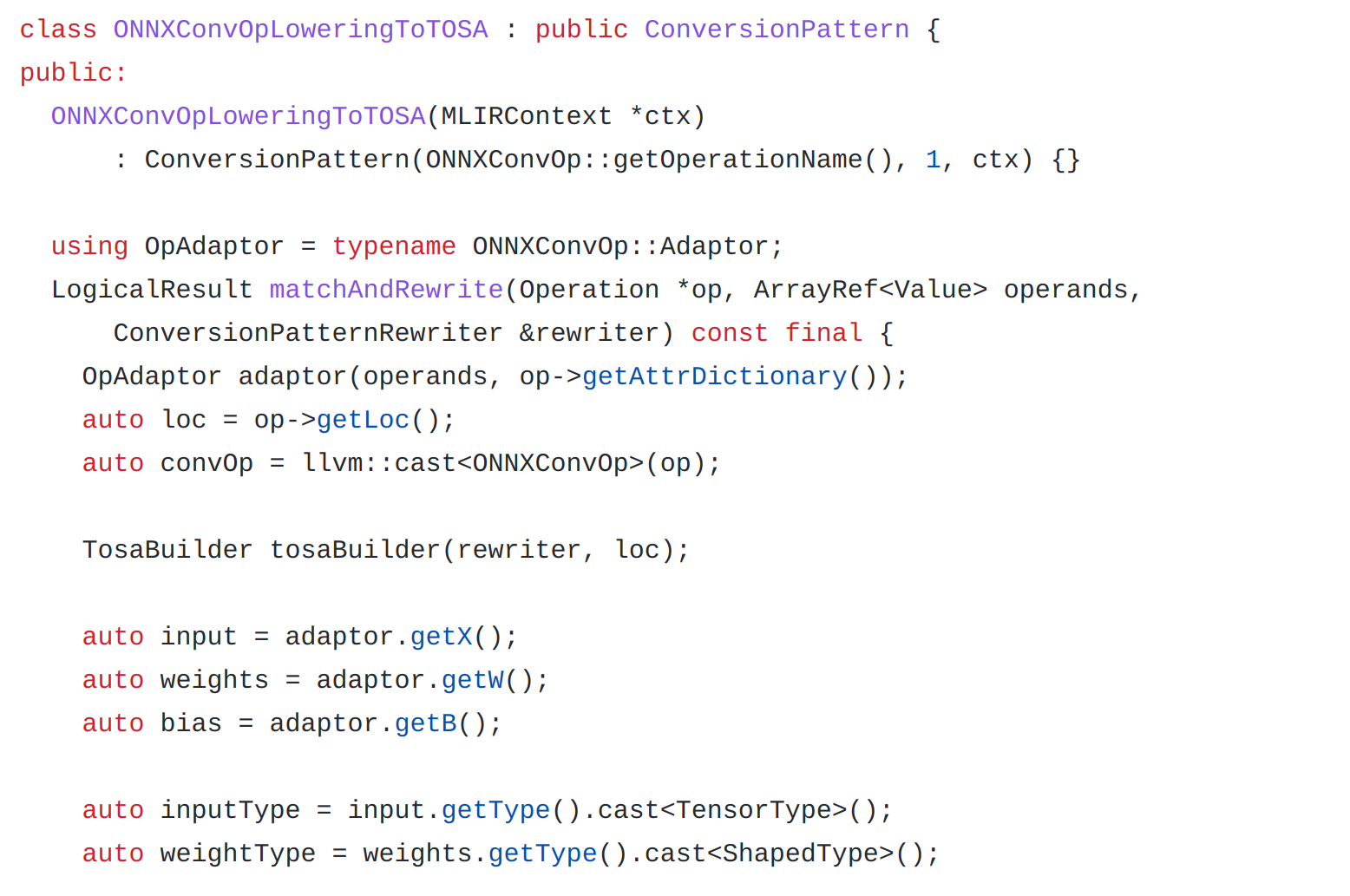 https://github.com/onnx/onnx-mlir/blob/04059864ce69fac909b4e9faa401655768964712/src/Conversion/ONNXToTOSA/Math/Conv2D.cpp