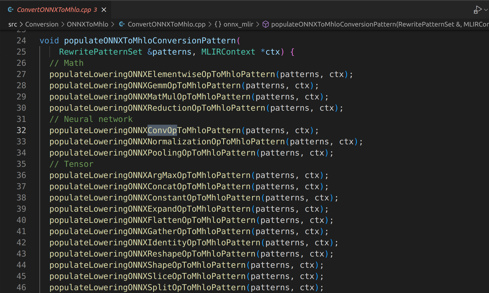 https://github.com/onnx/onnx-mlir/blob/04059864ce69fac909b4e9faa401655768964712/src/Conversion/ONNXToMhlo/ConvertONNXToMhlo.cpp