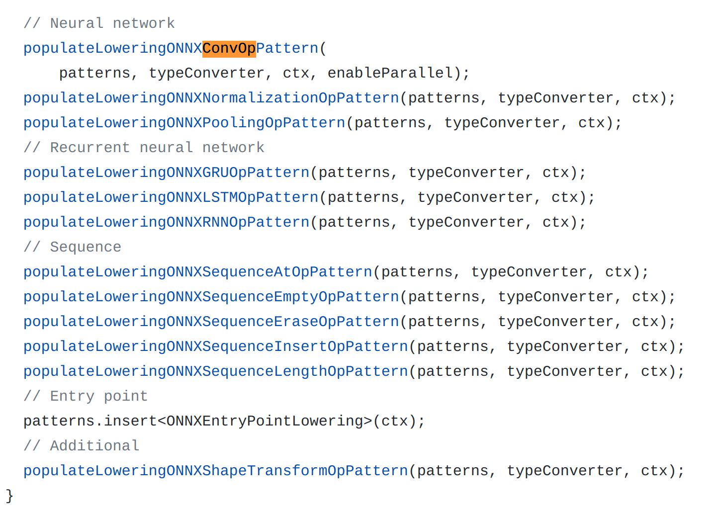https://github.com/onnx/onnx-mlir/blob/04059864ce69fac909b4e9faa401655768964712/src/Conversion/ONNXToKrnl/ConvertONNXToKrnl.cpp