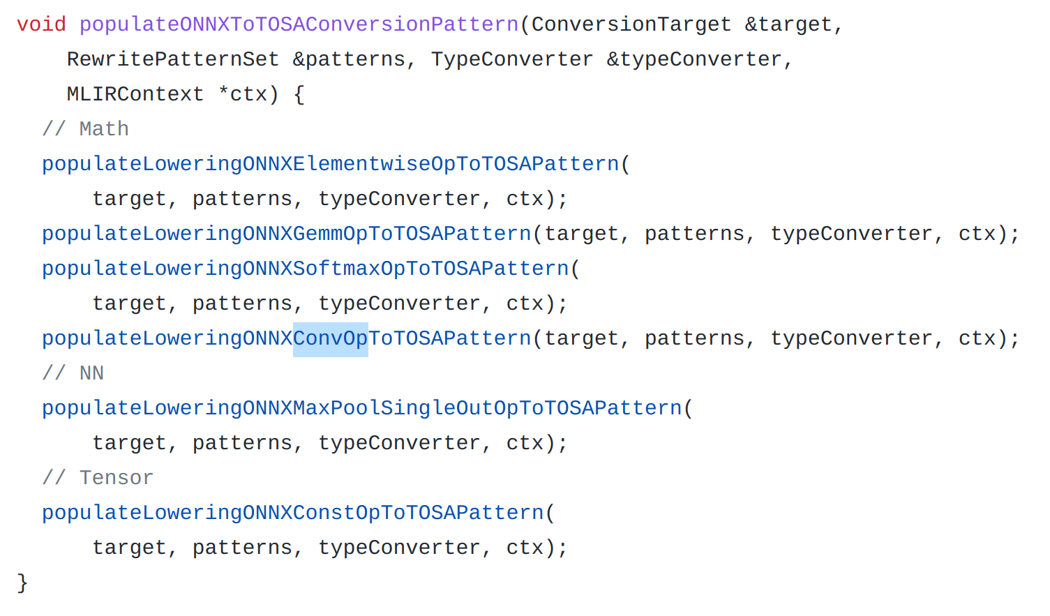 https://github.com/onnx/onnx-mlir/blob/04059864ce69fac909b4e9faa401655768964712/src/Conversion/ONNXToTOSA/ConvertONNXToTOSA.cpp